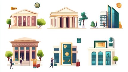 Bank services for business isolated cartoon vector illustrations set. Commercial banking, business loan, bank auctions, money investment, property for sale, loan and credit services vector cartoon.