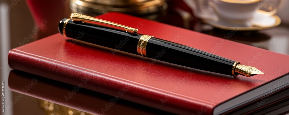 Poster luxurious black pen resting on a red notebook on a smooth desk surface