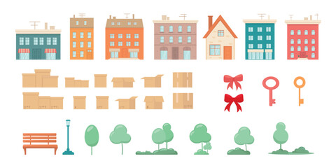 Obraz premium Home moving to the new house set. Vector illustration for design template real estate agency to buy, sale new apartment, insurance or construction company, investment project architecture building.