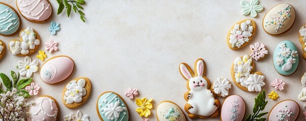 Decorative easter cookies with bunny in pastel colors on rustic background