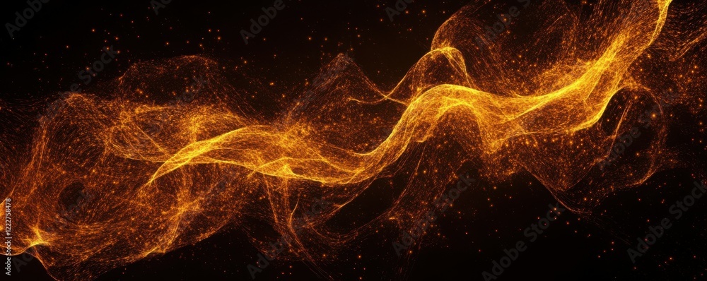 Poster flowing golden particles creating dynamic abstract wave pattern against dark background