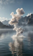 Gossamer smoke cloud with delicate strands and pale colors floats above a serene body of water, strands, peaceful