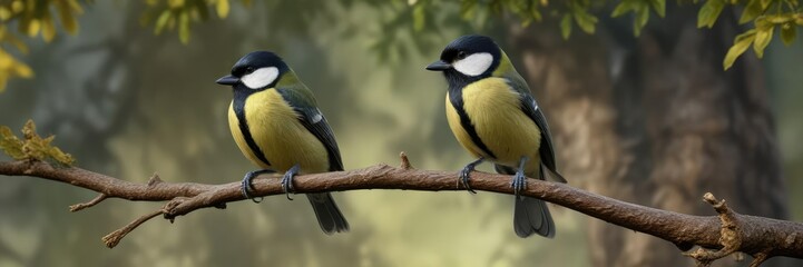 Fototapeta premium Graceful great tit perched on a branch against an oak tree backdrop, oak tree, backdrop, parus major