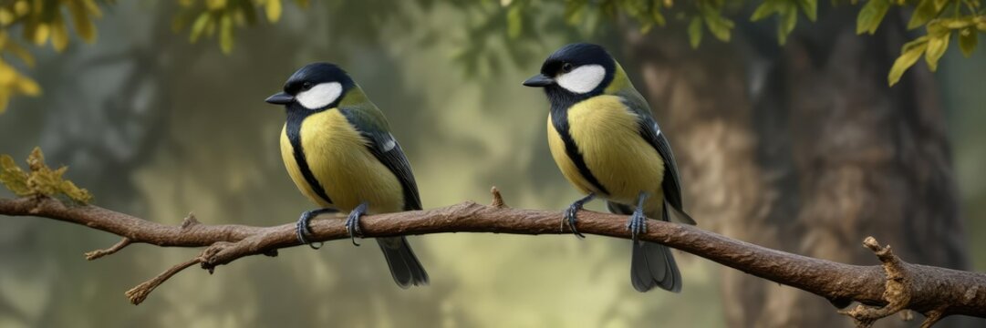 Graceful great tit perched on a branch against an oak tree backdrop, oak tree, backdrop, parus major