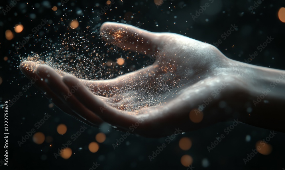 Poster hand disintegrating into pixel particles
