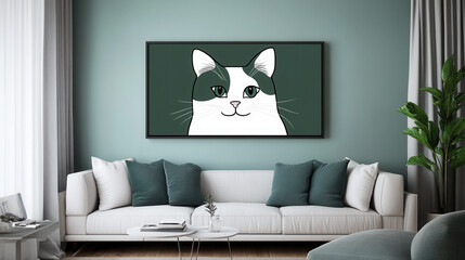 Serene Cat Portrait: A minimalist illustration of a tuxedo cat with striking bicolor markings, framed and displayed in a calming living room setting. The artwork exudes tranquility and sophistication.