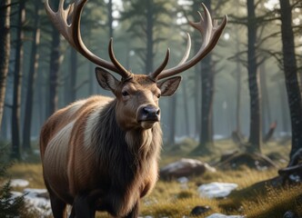 Fototapeta premium Grand reindeer with long antlers and elegant fur coats in the forest, coat, majestic, antlers