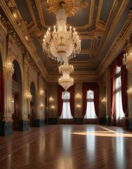 Grand ballroom with crystal chandeliers and intricate moldings , ornate details, gilded frames, elegance