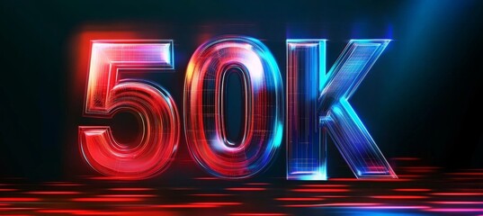 Futuristic 3D Rendering of the Number 50K in Neon Red and Blue Celebrating a 50,000 Milestone