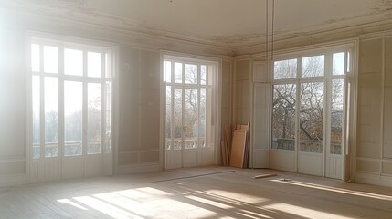 Spacious Empty Room With Large Windows, Natural Light, Renovation Potential, and Wooden Floors