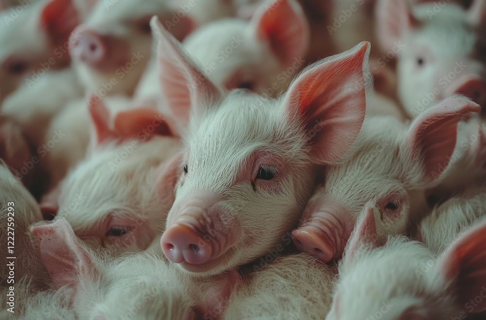 Poster close-up of adorable piglets nestled together in a cozy group, showcasing their soft features and pl