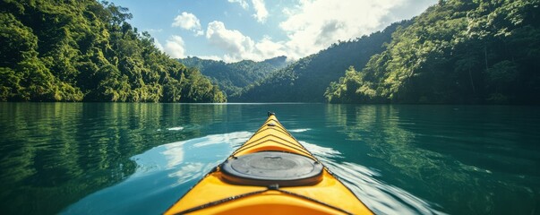 Kayaking adventure on calm lake surrounded by lush green forest