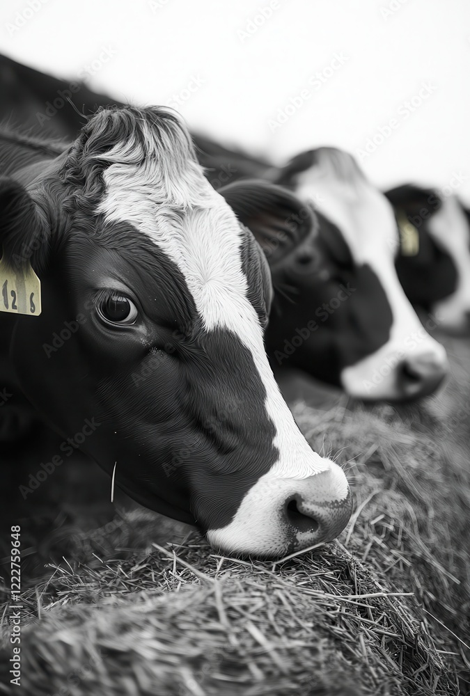 Poster close-up of black and white cows resting on hay in a farm setting, highlighting their distinct facia