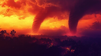 Obraz premium A dramatic image of twin tornadoes forming side by side in the distance