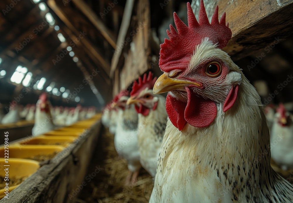 Poster close-up of broiler chicken with red comb in barn environment surrounded by other chickens feeding i
