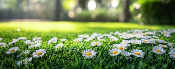 Fototapeta premium Fresh artificial grass adorned with vibrant daisies in a serene outdoor space