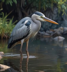 Fototapeta premium Grey heron wading through shallow water with a large fish caught, heron, fishing