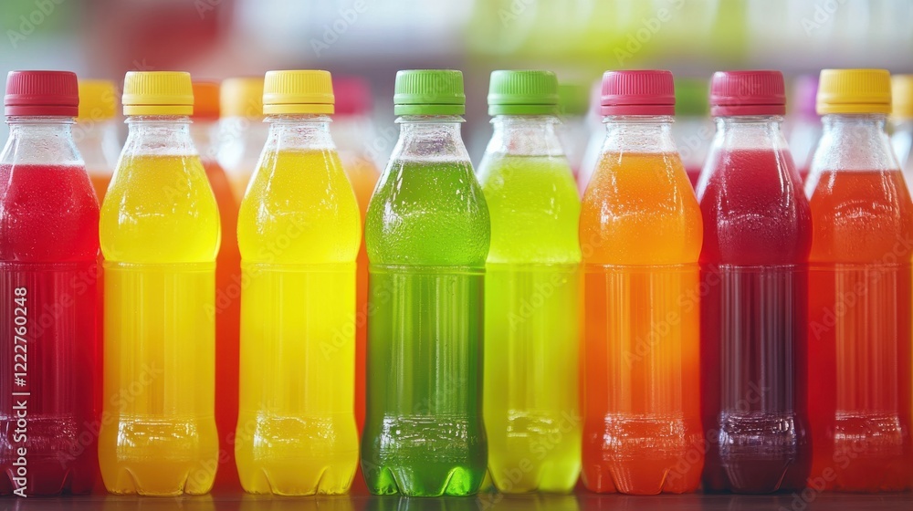 Aufkleber colorful assortment of beverage bottles arranged neatly on a table in a vibrant store setting