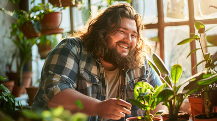 Obraz premium Man with a beard is smiling while tending to a plant