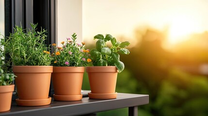 Fototapeta premium Indoor gardening idea. Potted plants on a balcony basking in golden sunlight during sunset.