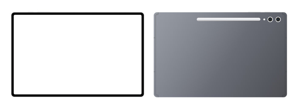 Samsung Galaxy Tab S10 Ultra latest modern tablet pc device front back mockup template. Realistic gray black frame computer pda blank display vector illustration