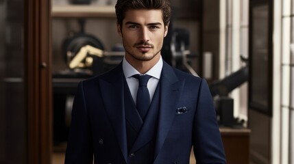 Fototapeta premium Elegant Man in Formal Suit Posing in Modern Stylish Interior