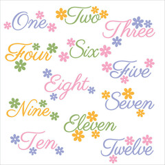 Bright and colorful vector file with floral numbers from one to twelve. Perfect for crafting, stickers, invitations, scrapbooking, and other creative projects.
