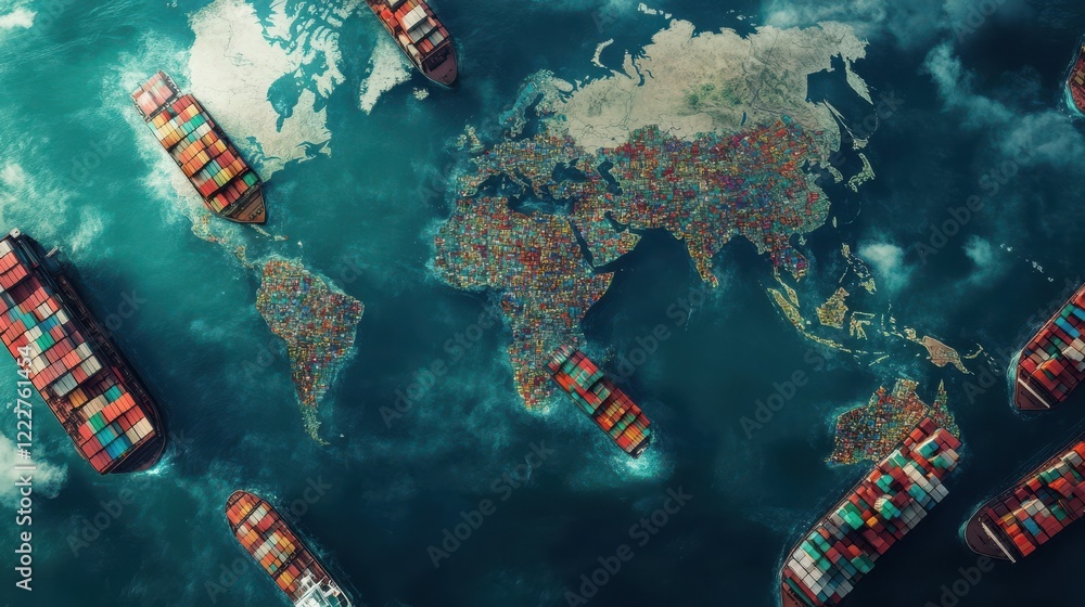 Poster aerial view of a global shipping network with a world map overlaid.