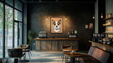 Stylish Cafe Dog Portrait: A framed portrait of an adorable dog, with a charming expression, hangs above a rustic wooden counter in a trendy cafe setting.