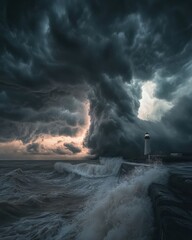Fototapeta premium A dramatic shot of storm clouds hovering over a lighthouse by the sea
