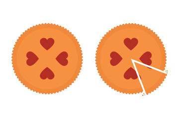 Cherry pie with hearts. Top view of the pie. Vector illustration.