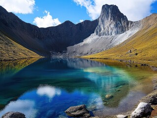 Fototapeta premium Majestic Mountain Lake with crystal clear water reflecting blue skies and clouds