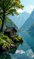 Fototapeta premium A small wooden hut nestled among trees and bushes near a serene lake, lake, peaceful, scenery