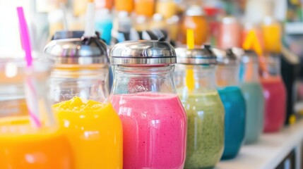 Colorful assortment of fresh smoothies in jars lined up on a counter with vibrant background