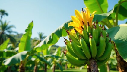Banana tree in full bloom with yellow flowers, plant life, leaves