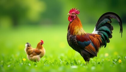 Fototapeta premium Bantam rooster crowing in a lush green meadow with a small chicken, landscape, scenery