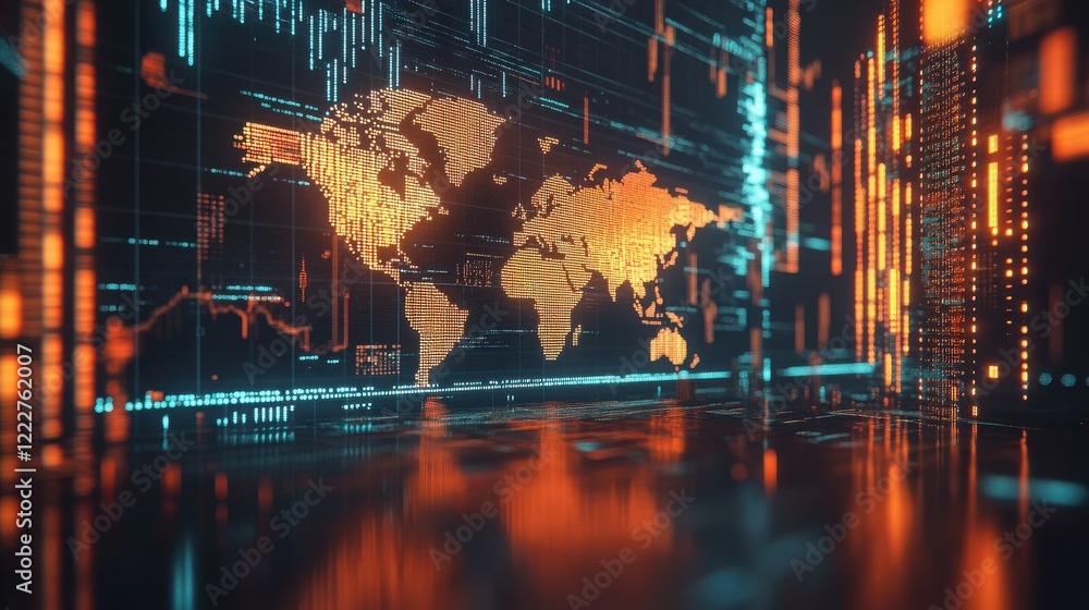Poster global stock market concept with digital glowing screen with world map scheme, diagram and financial