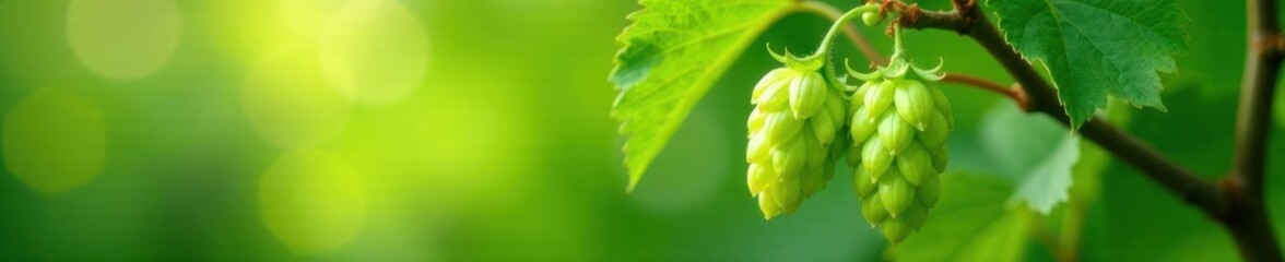 Vibrant green hops cluster on a bramble branch , spring, bramble, countryside