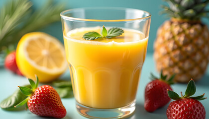 Fresh orange juice in glass, garnished with mint, surrounded by strawberries and pineapple, tropical vibes
