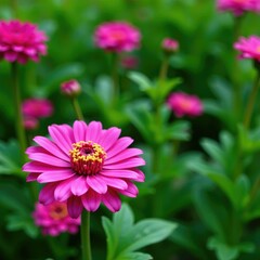 Obraz premium Dark pink chrysanthemum against a lush green background, flowers, garden