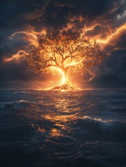 Fiery tree on island in stormy sea at sunset.