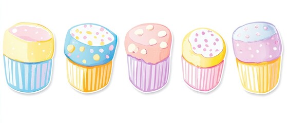 A colorful illustration of five decorative cupcakes with playful frosting designs.