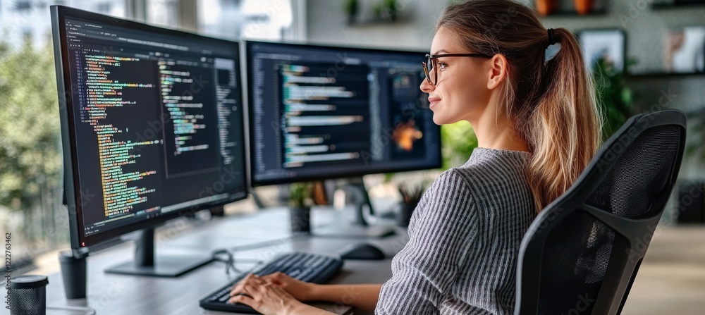 Poster female software developer focused on coding, working on code on dual monitors at her desk.