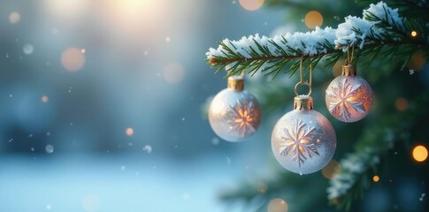 Delicate snowflake ornaments hang from a frosted pine branch, wintery wonderland, festive