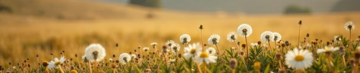Obraz premium Delicate white dandelions bloom in a vast barren landscape, white flowers, grasslands, earthy tones
