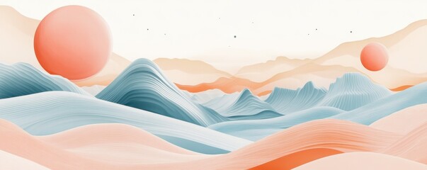 Obraz premium Surreal landscape with colorful abstract waves and two suns