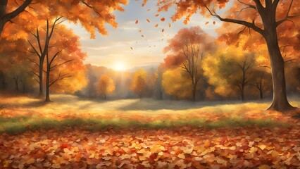 Fototapeta premium Magical autumn sunset landscape with golden trees and a carpet of fallen leaves.