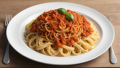 Delicious spaghetti with rich tomato sauce and basil, served on a white plate, Italian cuisine, copy space
