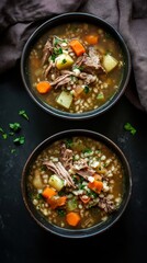 Hearty Rustic Scotch Broth with Barley, Vegetables, and Tender Meat in Bowls - Comfort Food, Wholesome Soup, Winter Meal, Homestyle Cooking, Traditional Scottish Recipe, Top View, Dark, Generative AI