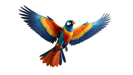 Fototapeta premium Vibrant blue and orange parrot in flight, isolated on white background. Perfect for illustrations, designs, and branding projects needing a tropical feel.